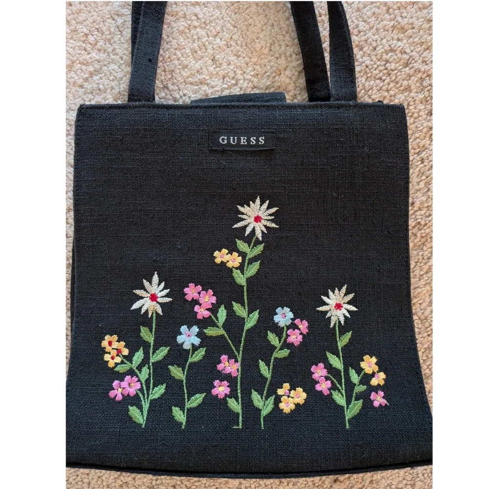 Guess Vintage Embroidered‎ Floral Mini Tote Bag Black Woven Linen Canvas Y2K
